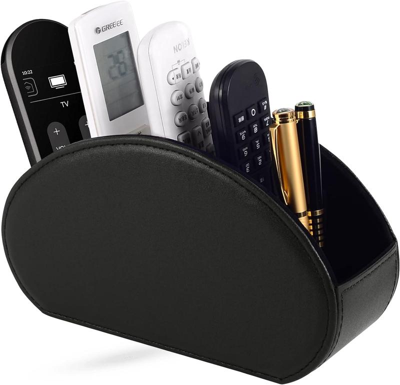 Tv Remote Holder Tray with 5 Compartments,PU Leather Remote Control Holder Caddy Nightstand Decoration,Placed Media Remote Storage Box Glasses Makeup Brush Office Products Desktop Organizer (Black) Ornaments Accessory