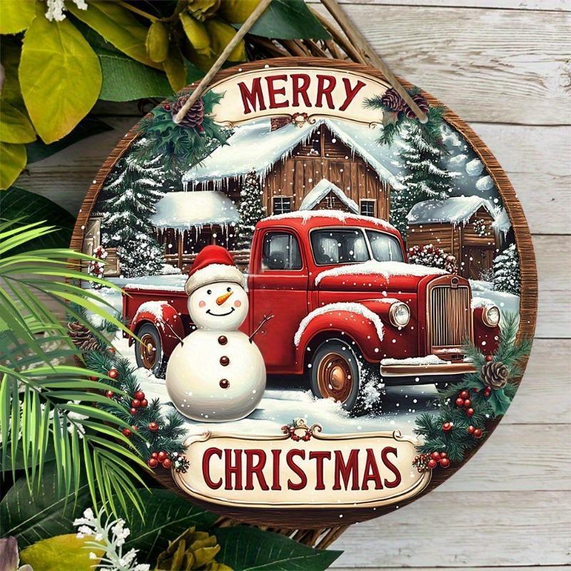 Vintage Truck & Snowman Pattern Hanging Sign, 1 Count Merry Christmas Hanging Decor, Wall Decor for Door, Room, Home, Window, Holiday Party Decorations