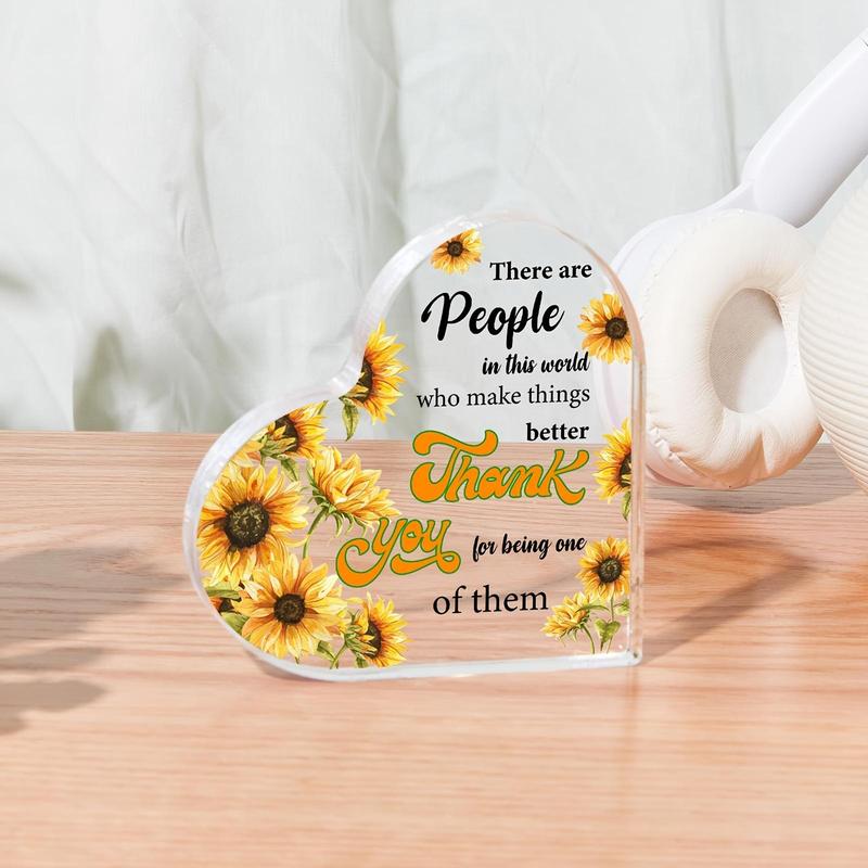 Heart Shaped Sunflower & Letter Pattern Acrylic Plaque, Thank You Gift, Desk Decoration for Home Office, Birthday Gift, Gift for Colleagues and Friends