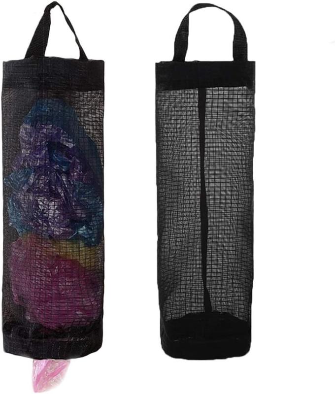 Plastic Bag Holder, Grocery Bag Holder Mesh Hanging Storage Bag Dispenser (Black 2 Packs) Organiser Hangable