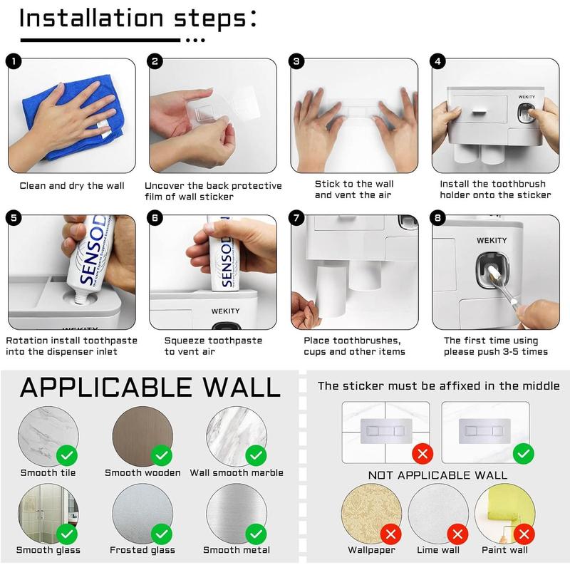 Holder Wall Mounted, WEKITY Multi-Functional  and Toothpaste Dispenser for Bathroom, with 5  Slots, 2 Toothpaste Squeezers and 4 Cups(Grey)