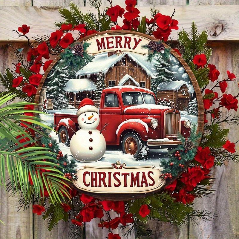 Vintage Truck & Snowman Pattern Hanging Sign, 1 Count Merry Christmas Hanging Decor, Wall Decor for Door, Room, Home, Window, Holiday Party Decorations