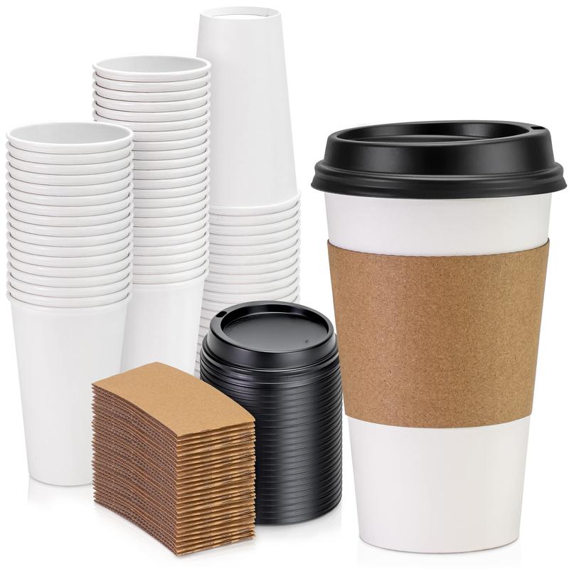 50 Pack 16 oz Disposable Coffee Cups with Lids, Sleeves and Stirrers, Premium To Go Coffee Cups with Lids, Durable Thickened Hot White Paper Cup for Cold Hot Beverage Chocolate Cocoa