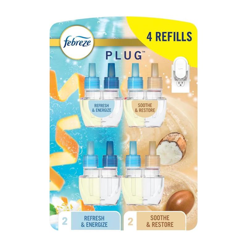 Odor-Fighting Fade Defy PLUG Air Freshener, Refresh and Energize, Soothe and Restore, Pack of 4 (2 of Each), 79 fl. oz. Oil Refill Fragrance Scent Perfume Scented Aroma