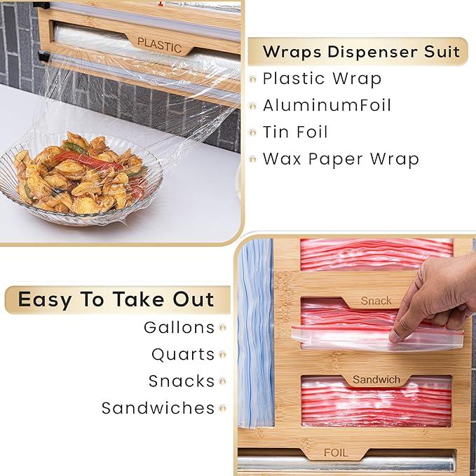 Bamboo Storage Bag Organizer for Drawer - 6 in 1 Foil and Plastic Wrap Organizer with Cutter, Plastic Bag Organizer for Drawer suitable as Gallon, Quart, Sandwich Bag Organizer and Wrapping Papers.