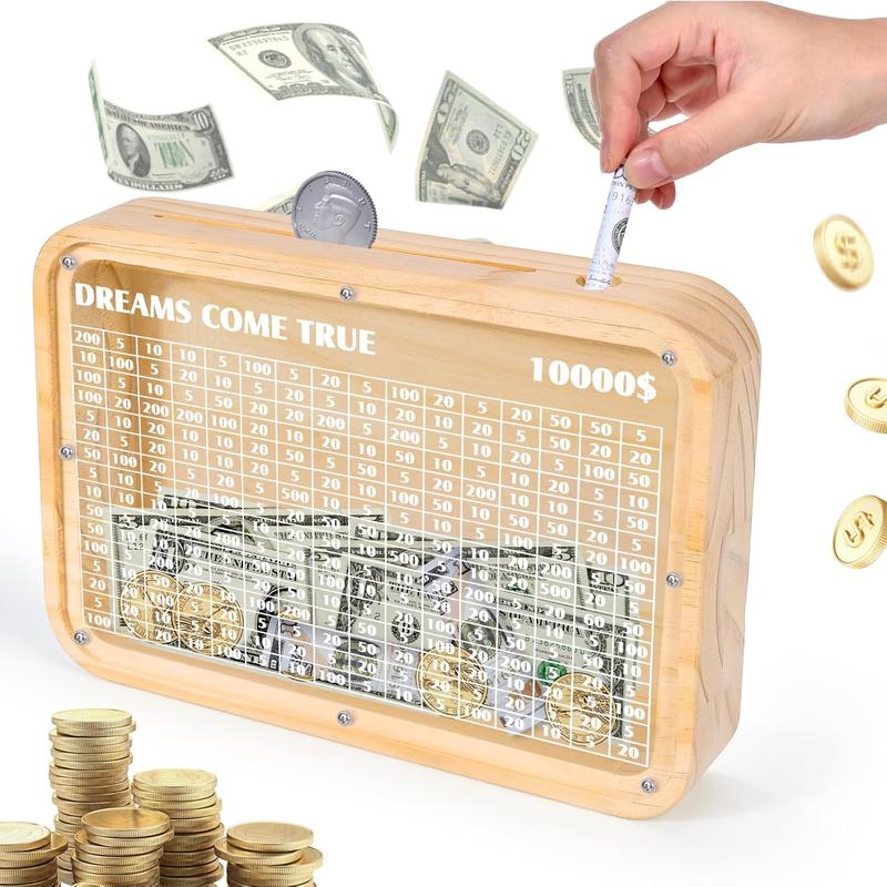 Wooden Money Saving Box, 10000 Savings Challenge Box, Piggy Bank for Adults , Cash Vault Money Box-10000 Dollars Target