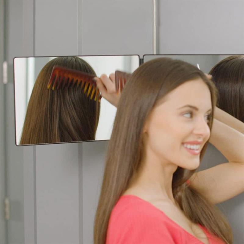 3 Way Mirror for Hair Cutting with LED,360 Trifold with Height Adjustable Telescoping Hooks,and 5X Magnification ,for Makeup and Styling (Black)