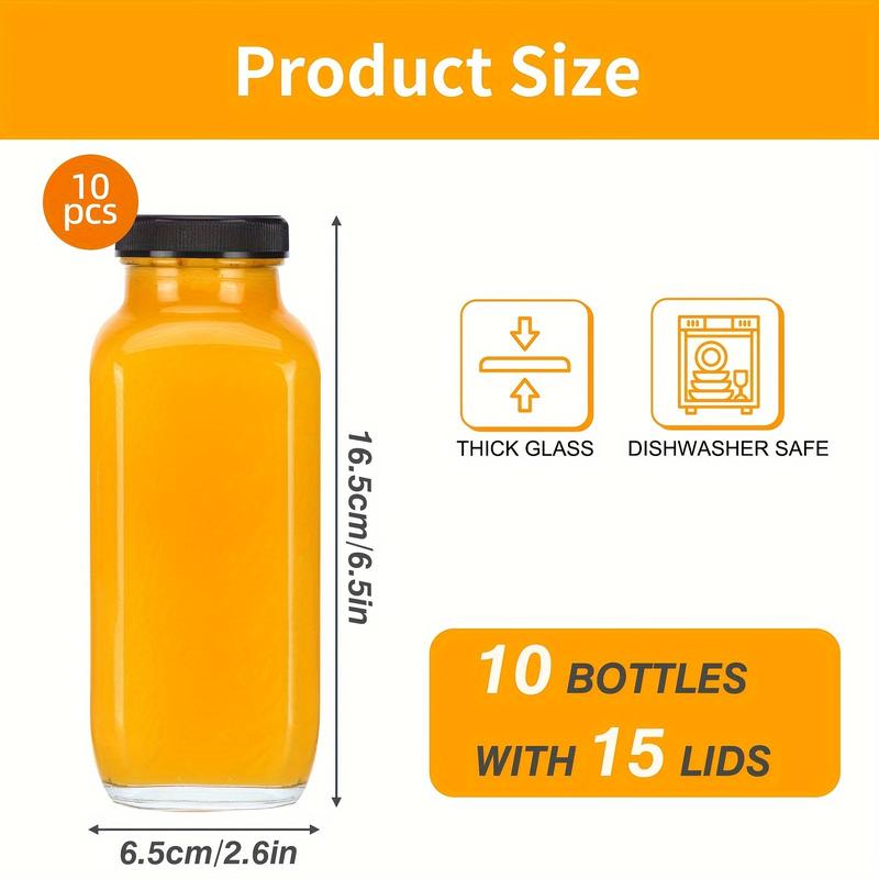 10pcs 16oz Glass Juice Bottles With Lids, Reusable Juice Containers Drinking Jars Water Cups With Brush, Glass Straws, Lids With Hole, For Drinks, Juice, Squeeze, Milk, Coffee, Milkshake, Kombucha, Etc. 6.5×2.6 Inches.