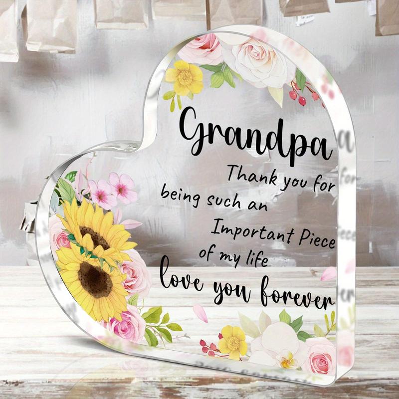 Flower & Letter Pattern Acrylic Heart Shaped Ornament, Acrylic Plaque, Grandpa Gift, Thank You Gift for Grandpa, Desk Signs Ornaments for Table Tops