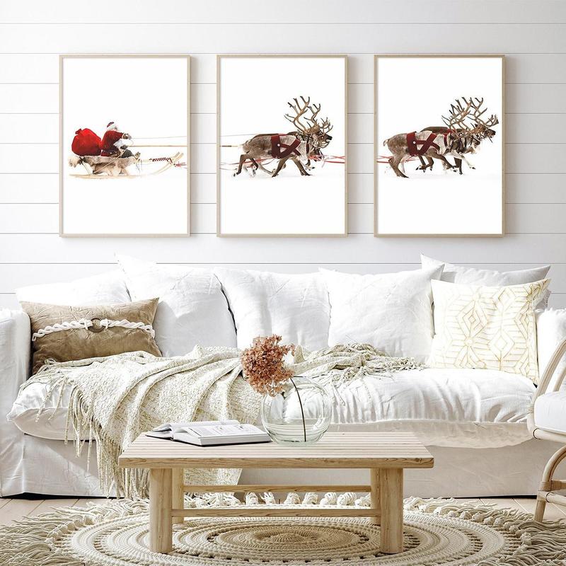 Christmas Theme Wall Art, 3 Counts set Frameless Santa Sleigh Print, Wall Decor for Home Living Room Bedroom Office Home Decor