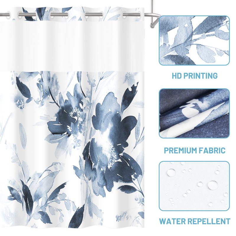 PUNKRAY No Hook Shower Curtain with Snap in Liner - Floral Shower Curtain - Fabric Waterproof Inner Liner, Plants Navy Blue Flowers Modern Cloth Shower Curtains - Machine Washable, 71'' x 74''   71'' x 86''