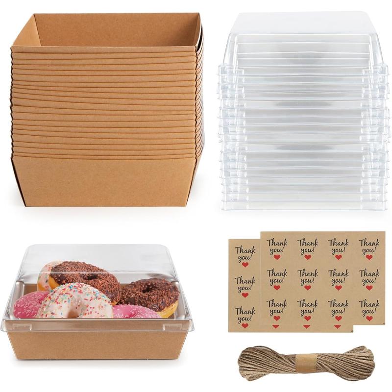 Charcuterie Boxes 20 Pack with Clear Lids, Square Disposable Paper Food Containers to Go Bakery Boxes for Strawberries, Cake Slice, Desserts, Donuts, Party, Wedding, Outdoors and Home Use (Brown)