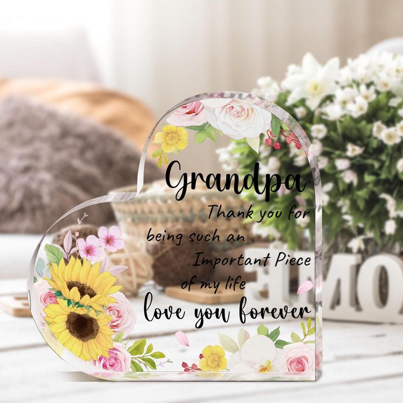 Flower & Letter Pattern Acrylic Heart Shaped Ornament, Acrylic Plaque, Grandpa Gift, Thank You Gift for Grandpa, Desk Signs Ornaments for Table Tops