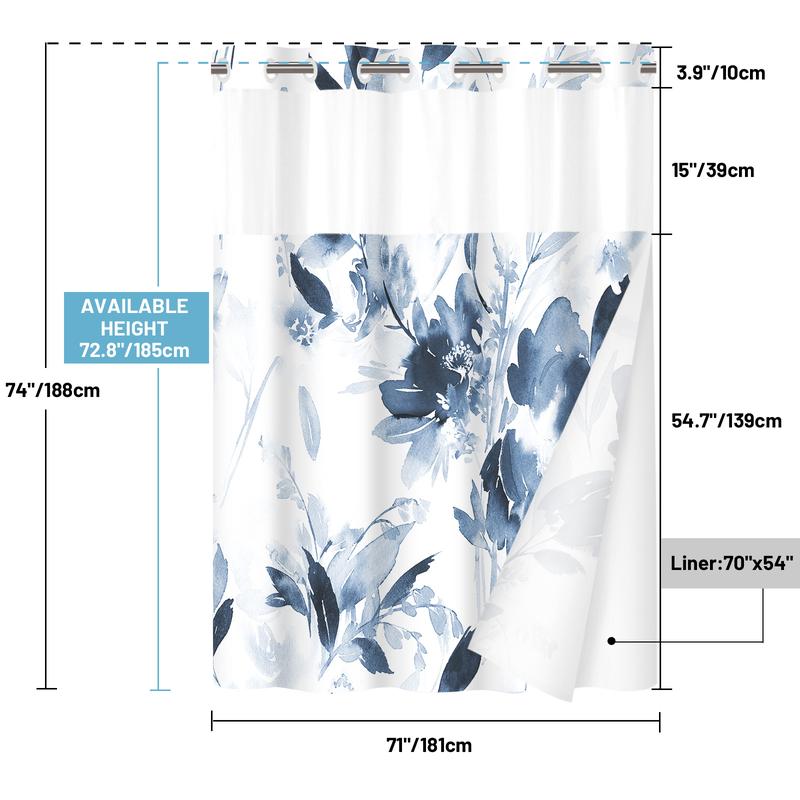 PUNKRAY No Hook Shower Curtain with Snap in Liner - Floral Shower Curtain - Fabric Waterproof Inner Liner, Plants Navy Blue Flowers Modern Cloth Shower Curtains - Machine Washable, 71'' x 74''   71'' x 86''