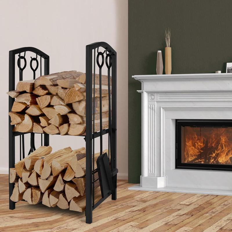 Fireplace Log Rack with 4 Pieces Fireplace Tools Set - Heavy Duty Steel Firewood Holder for Indoor Outdoor Organiser