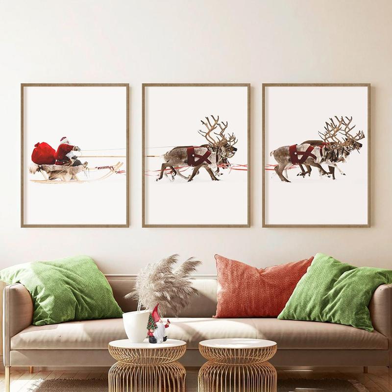 Christmas Theme Wall Art, 3 Counts set Frameless Santa Sleigh Print, Wall Decor for Home Living Room Bedroom Office Home Decor