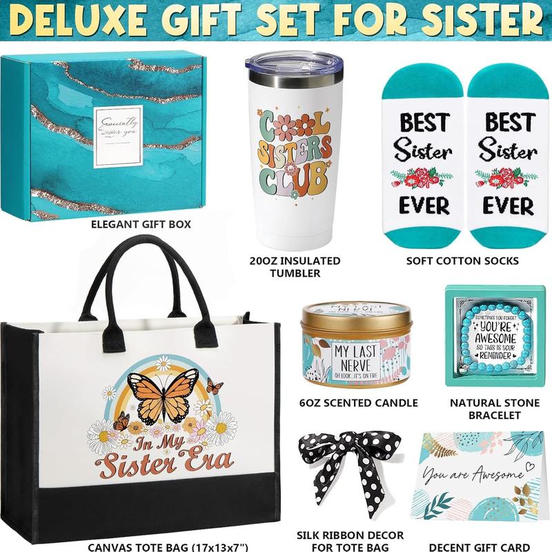 Sisters Gifts from Sister, Christmas Gifts for Sister from Brother,  Sister Birthday Gifts for Sister in Law Soul Sister, Funny Sister Gifts  Sister Gifts Basket with Retro Canvas Tote Bag