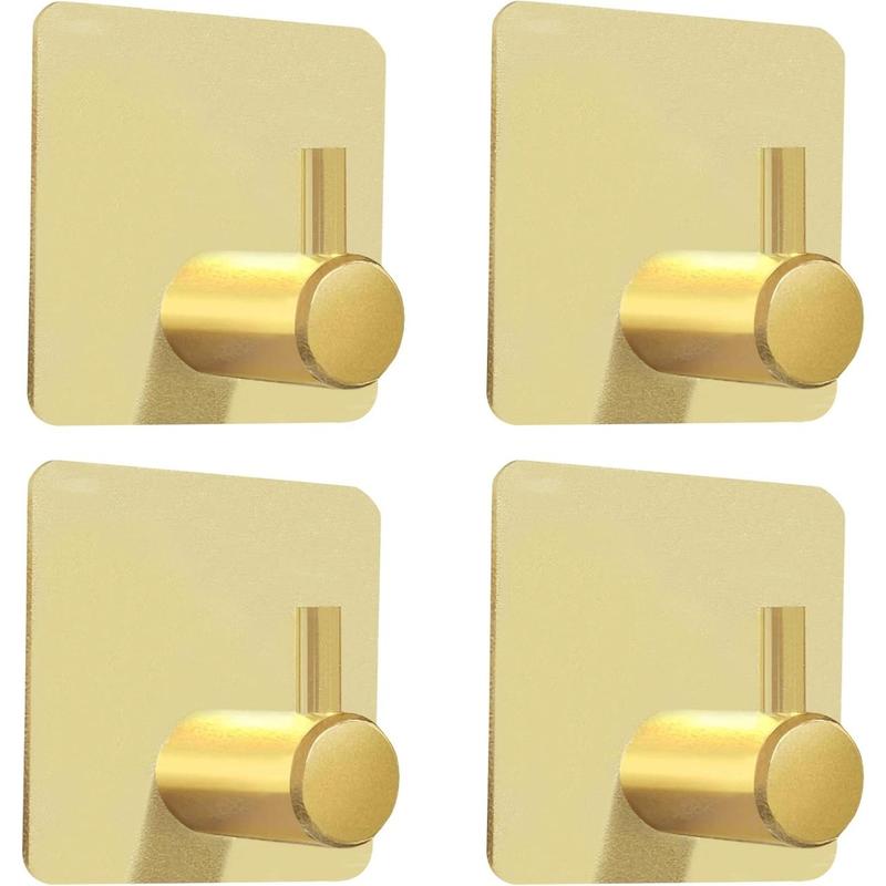 Gold Adhesive Hooks, 4 Pack Wall Hooks Heavy Duty, Waterproof Sticky Hooks for Hanging Towel, Key, Coat, Hat, Robe, Clothes, Towel Hook for Bathroom Kitchen Wall Mounted (Gold) Organiser Hangable