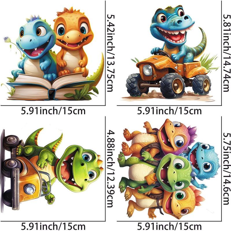 Cartoon Dinosaur Pattern Heat Transfer Sticker, 4pcs Funny Iron on Decal, Iron on Transfer Patch for T-shirt, Cap & Bag