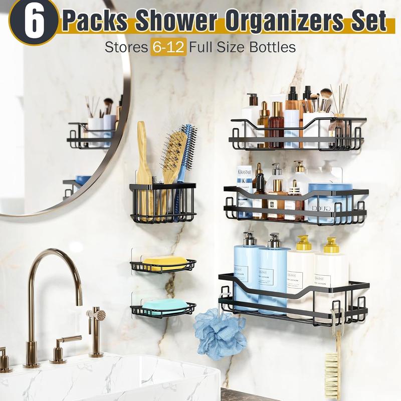 MAXIFFE 6 Pack Shower Caddy Organizer Stainless Steel Adhesive Bathroom Storage Rack, Home and Kitchen Wall Decor, No Drill, Large Capacity, Heavy Duty, Black