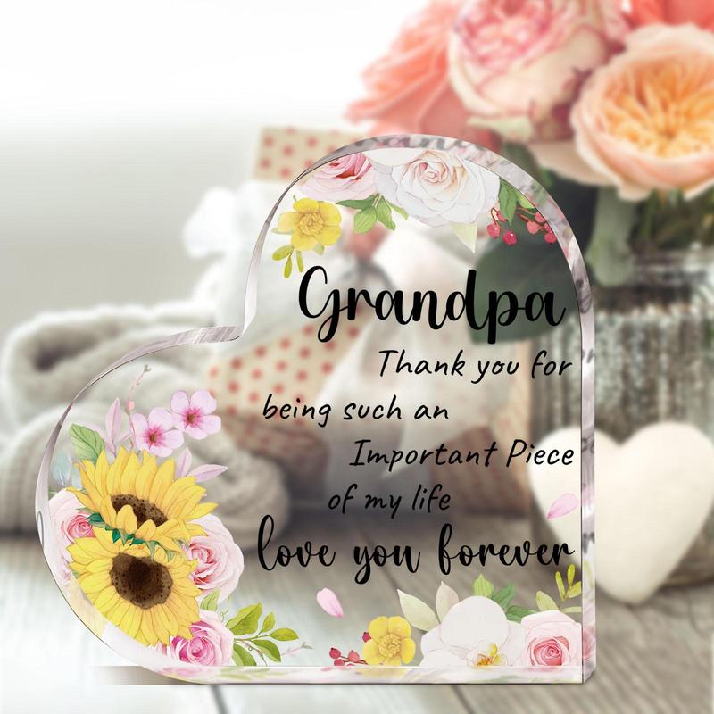 Flower & Letter Pattern Acrylic Heart Shaped Ornament, Acrylic Plaque, Grandpa Gift, Thank You Gift for Grandpa, Desk Signs Ornaments for Table Tops