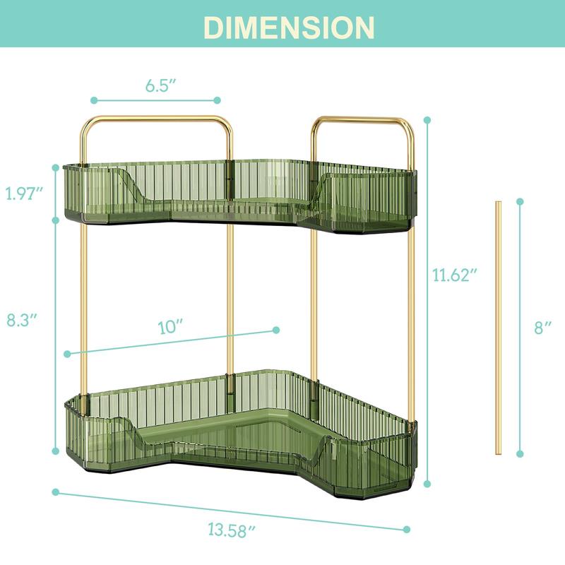 2-Tier Corner Bathroom Counter Organizer, Countertop Perfume Tray and Vanity Organizer,Corner Makeup Storage, Organizer Countertop for Dresser，Spice Rack for Kitchen (Crystal Green)