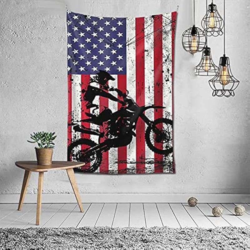 Motocross Dirt Bike American Flag Tapestry Wall Art Wall Hanging Tapestry Wall Tapestry Home Decorations for Bedroom Dorm Living Room Kitchen 60 x 40 inch