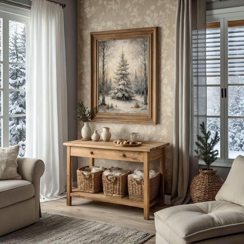 Forest Christmas Tree Snowy Scene, Vintage Style Winter Landscape Printable Wall Art, Digital Oil Painting, Cottagecore Holiday Decor, Rustic Winter Wall Decor