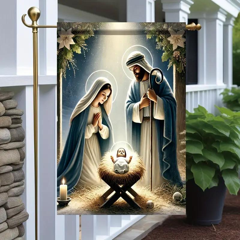 Winter Jesus Nativity Garden Flag, 1 Count Double Sided Garden Flag, Christmas Jesus Nativity Seasonal Holiday Yard Outdoor Decoration