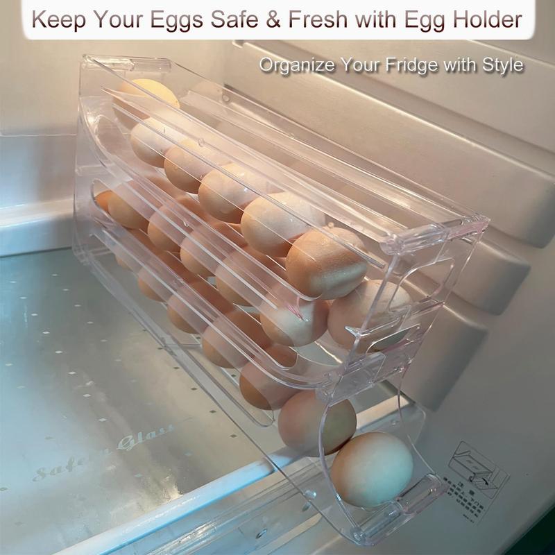 Transparent 1 2 Pack 4 Tiers Egg Holder for Fridge， Automatic Egg Rolling Rack, 30 Eggs Storage Rack, Egg Distributor for Refrigerator, Egg Storage Rack for Kitchen