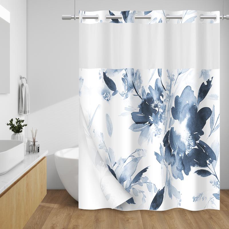 PUNKRAY No Hook Shower Curtain with Snap in Liner - Floral Shower Curtain - Fabric Waterproof Inner Liner, Plants Navy Blue Flowers Modern Cloth Shower Curtains - Machine Washable, 71'' x 74''   71'' x 86''