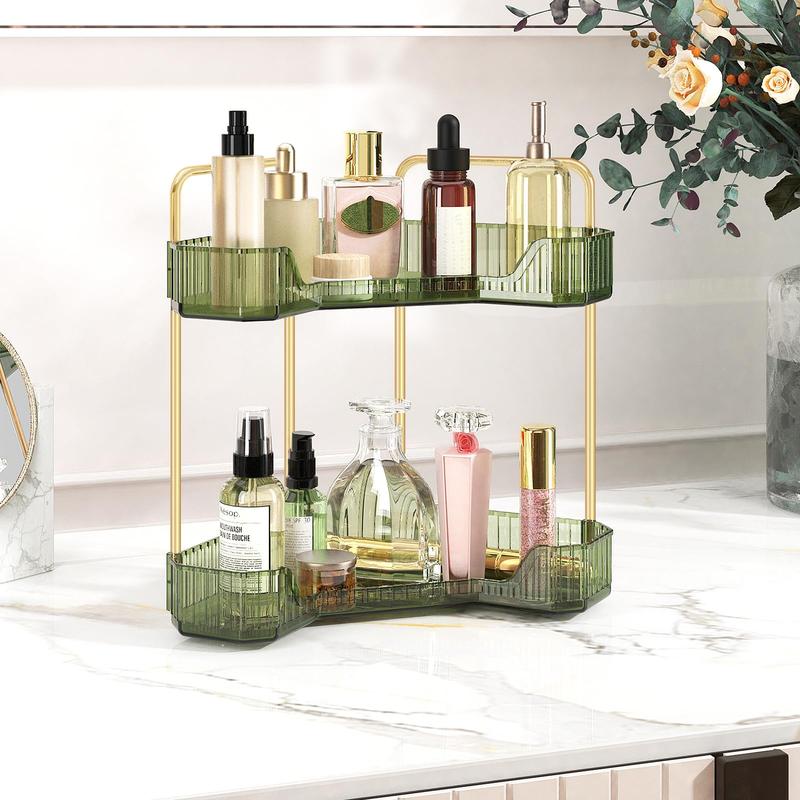 2-Tier Corner Bathroom Counter Organizer, Countertop Perfume Tray and Vanity Organizer,Corner Makeup Storage, Organizer Countertop for Dresser，Spice Rack for Kitchen (Crystal Green)