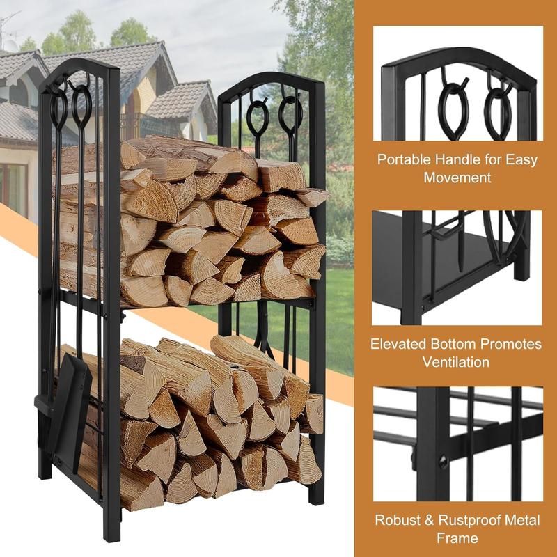 Fireplace Log Rack with 4 Pieces Fireplace Tools Set - Heavy Duty Steel Firewood Holder for Indoor Outdoor Organiser