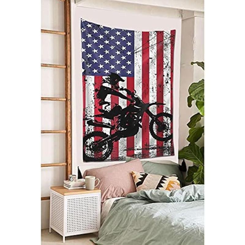 Motocross Dirt Bike American Flag Tapestry Wall Art Wall Hanging Tapestry Wall Tapestry Home Decorations for Bedroom Dorm Living Room Kitchen 60 x 40 inch