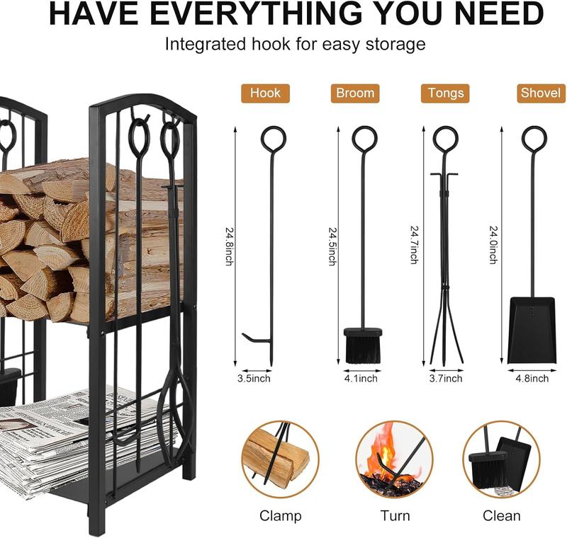 Fireplace Log Rack with 4 Pieces Fireplace Tools Set - Heavy Duty Steel Firewood Holder for Indoor Outdoor Organiser