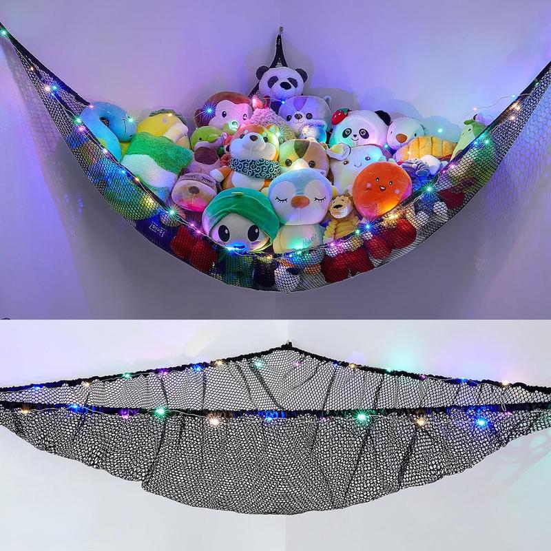 Stuffed Animals Net or Hammock Toy Storage Organizer with LED Light Unicorn Castle Hanging Corner Holder Girls Room Decor Decoration Wall Box Pet