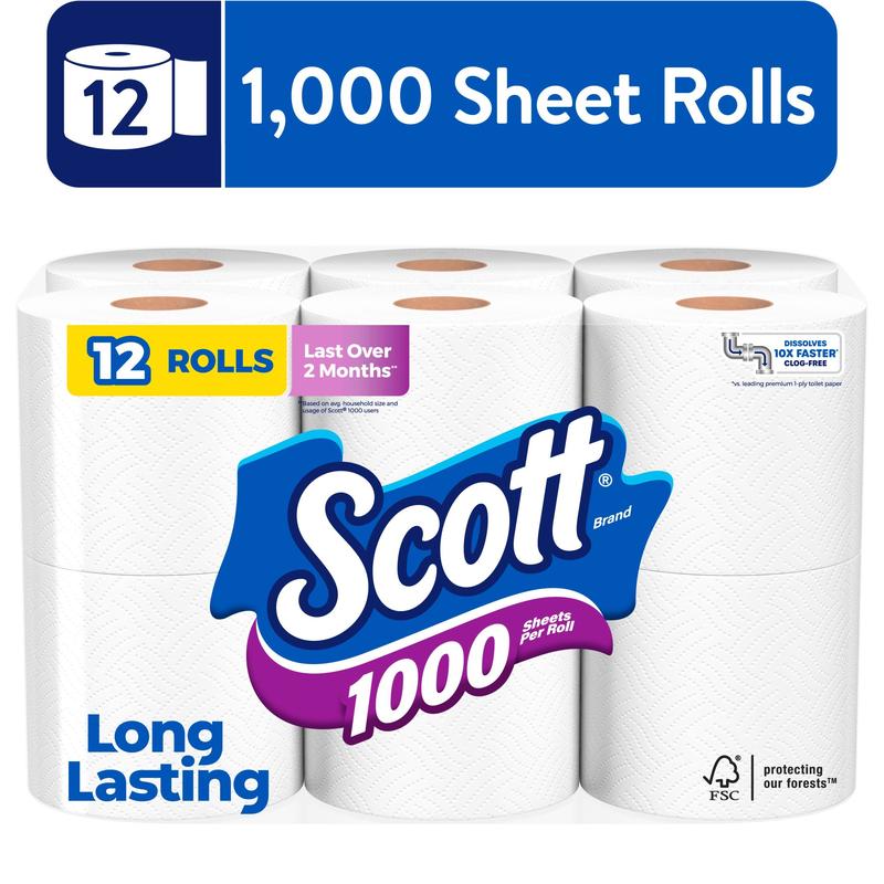 Scott 1000 Toilet Paper, 12 Rolls, 1,000 Sheets per Roll