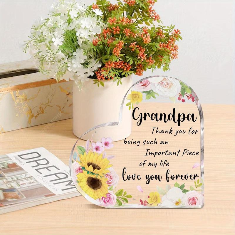 Flower & Letter Pattern Acrylic Heart Shaped Ornament, Acrylic Plaque, Grandpa Gift, Thank You Gift for Grandpa, Desk Signs Ornaments for Table Tops