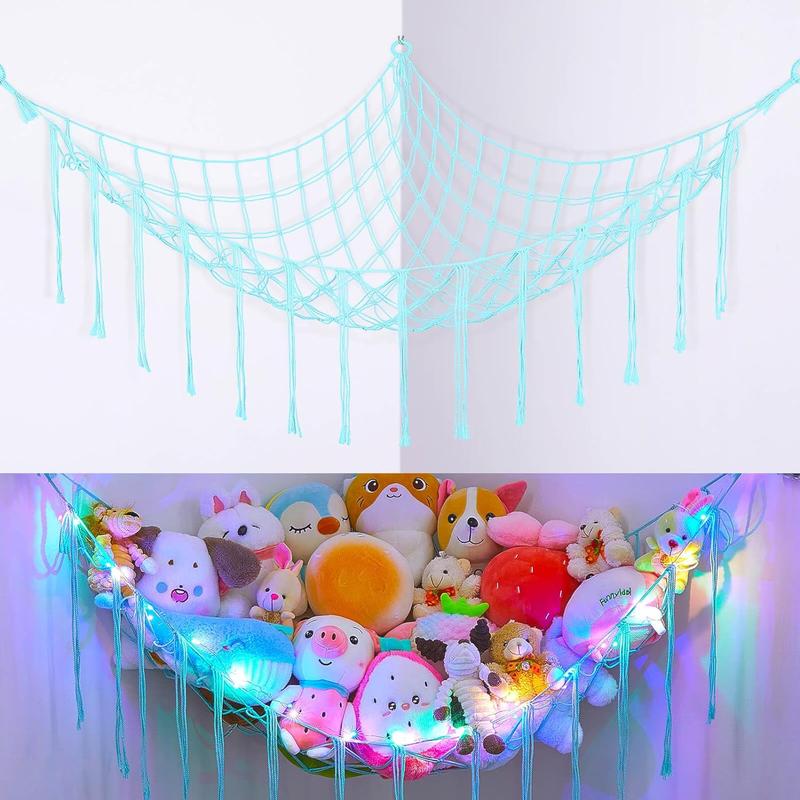 Stuffed Animals Net or Hammock with LED Light, Hanging Stuffed Animals Storage  Hammock Net Corner Wall Girls Room Decor  Storage Organizer (White)