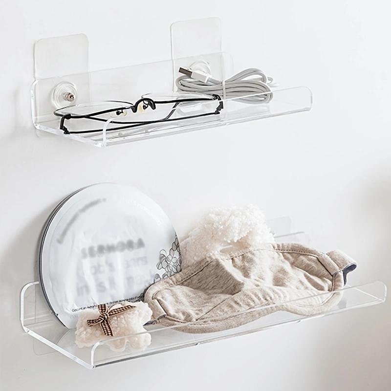 Clear Acrylic Wall Mounted Storage Rack, 1 Count Transparent Punch Free Bathroom Storage Rack, Simple Multi-purpose Floating Wall Storage Rack, Home Organizers