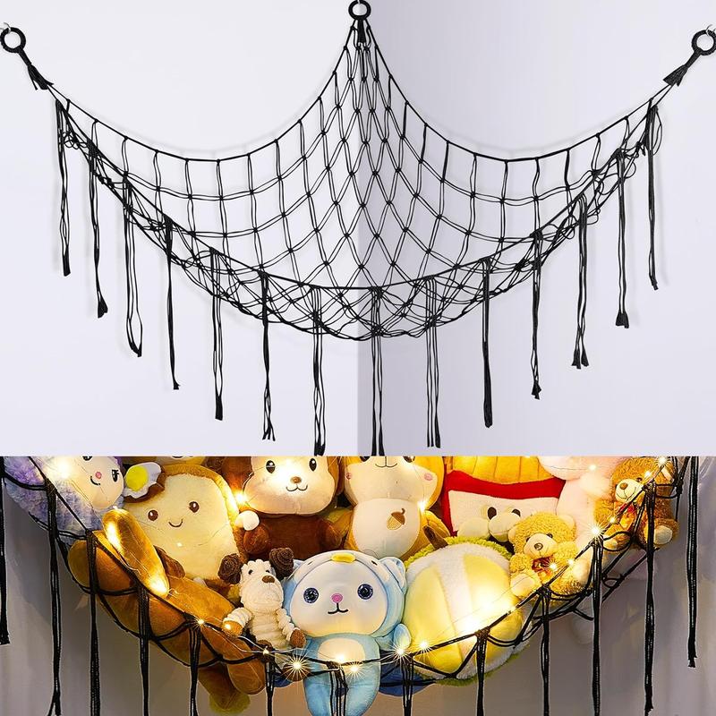 Stuffed Animals Net or Hammock with LED Light, Hanging Stuffed Animals Storage  Hammock Net Corner Wall Girls Room Decor  Storage Organizer (White)