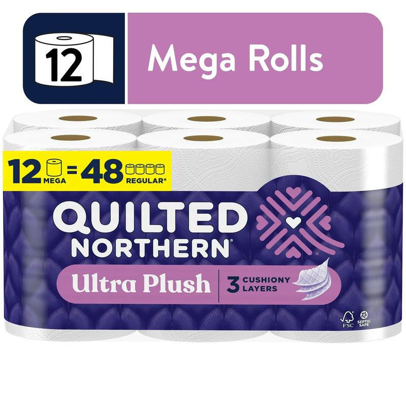 Quilted Northern Ultra Plush 3-Ply Toilet Paper, 12 Mega Rolls - Soft and Absorbent - Wipes