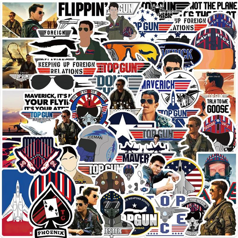 Top Gun Sticker, 50pcs set Top Gun Series Pattern Decorative Sticker, DIY Decals for Water Bottle, Laptop, Phone Case, Scrapbooking, Journal Making