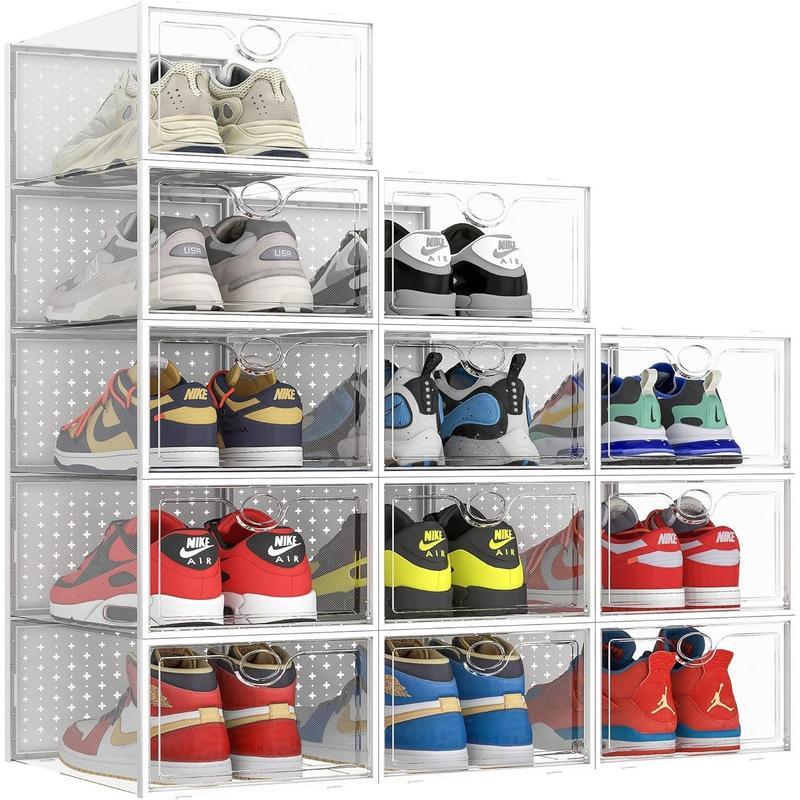 XXL Larger Shoe Storage Boxes Fit Size 14, Clear Plastic Stackable Shoe Organizer 12 Pack Sneaker Storage for Sneakerheads Shoe Containers