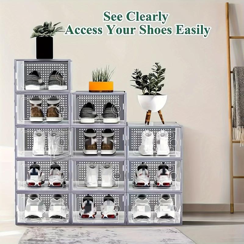 6 12pcs Thickened Transparent Foldable Shoe Boxes with Lids - Stackable, Space-Saving Storage Organizers for Entryway, Bedroom, Home, Dorm - Ramadan Decor, Plastic Sneaker Containers for Easy Storage and Display