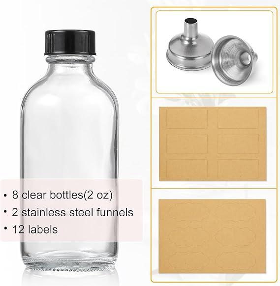 8 Pack, 2 oz Small Clear Glass Bottles with Lids & 2 Stainless Steel Funnels - 60ml Boston Sample Bottles for Potion, Juice, Wellness, Ginger Shots, Whiskey, Liquids - Mini Travel Essential Bottles