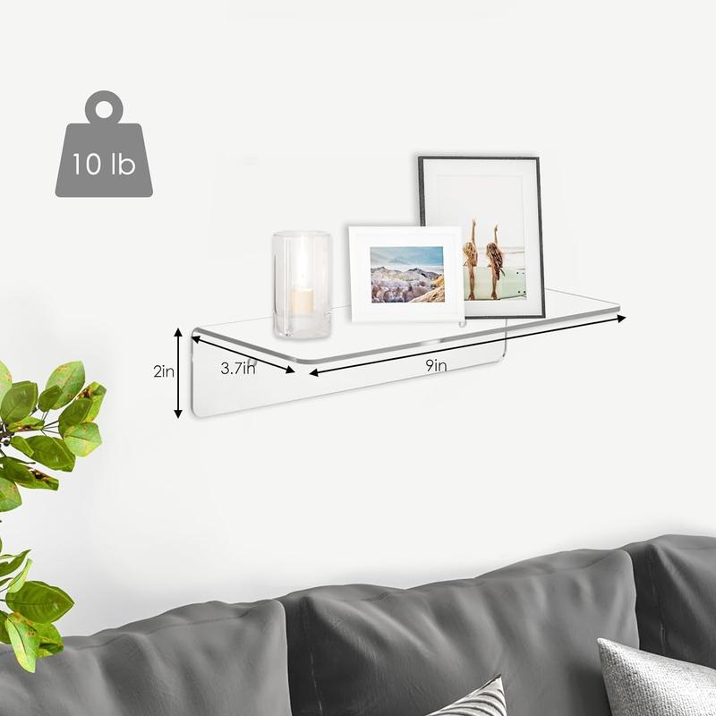 Acrylic Floating Shelves No Drill, 9in Floating Wall Mounted Adhesive Shelf, Set of 3 Wall Decoration & Storage Shelf for Living Room, Bathroom, Bedroom, Kitchen (Clear)