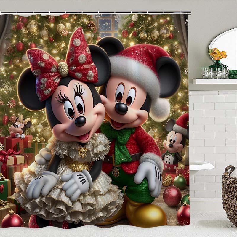 Disney Mickey & Minnie Pattern Shower Curtain, 1 Count Waterproof Bathroom Curtain with Hooks, Bathroom Decor for Home Hotel Salon Dormitory