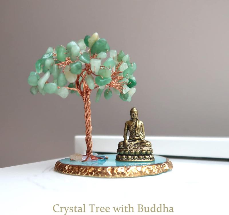 Buddha Statue with Healing Crystal Tree, Tree of Life for Positive Energy. Home Decor Yoga Meditation. Green.(B)