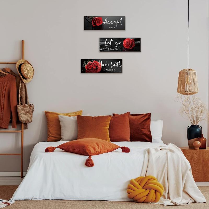 3 Pcs Red Decor Flower Inspirational Wooden Wall Art Red Roses Decor Office Wall Decor with Accept Let Go Have Faith Positive Quotes for Girl Women Bathroom Living Room Bedroom(Red Rose12 x 4 Inch) Decoration Hanging